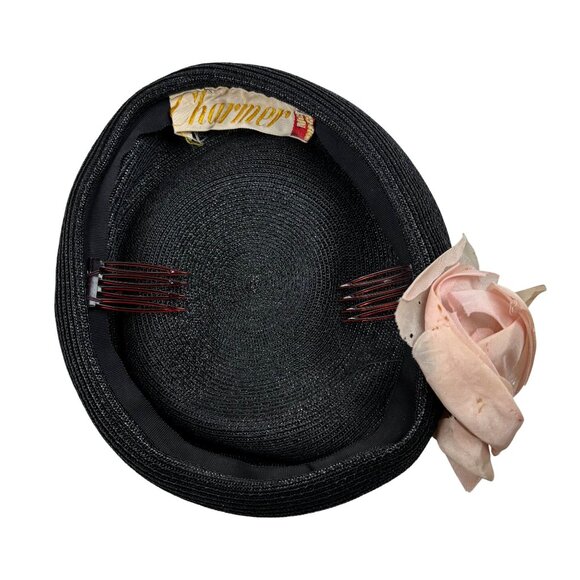 Vintage 50s Rose Hat Pink Black Woven Straw Round Pillbox Charmer - Picture 7 of 10